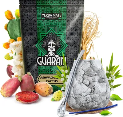 Produktbild von Guarani - Mate Tee Set Ashwagandha Cactus 500g - Mate Becher Keramik Marmol Blanco 300ml - Bombilla - Rauchig, Viel Staub - Yerba Mate - Paraguay