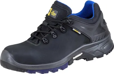 A black and blue work shoe is shown from a side-angle against a white background.