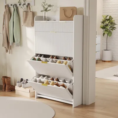 Zdjęcie produktu dla Szafka na buty z 3 drzwiczkami i 2 szufladami, kolor biały, wymiary: 77,1 x 24,2 x 133,5 cm