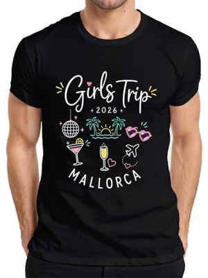 Productafbeelding van Meisjesweekend 2026 Mallorca, vrijgezellenfeest, damesvakantie, heren T-shirt, zwart, maat XL