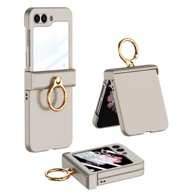 Immagine prodotto di Custodia per Samsung Galaxy Z Flip 6 / Z Flip 7 FE Cover rigida in PC con protezione dello schermo integrata, protezione della cerniera e supporto ad anello grigio