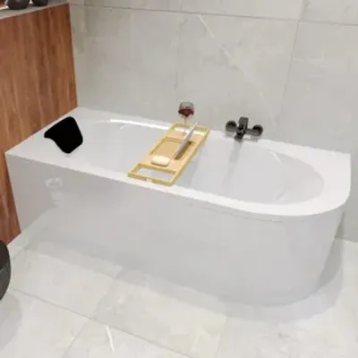 Zdjęcie produktu dla Wanna Akrylowa Zestaw 5w1 Asymetryczna 150x75 Lewa Biała + Zabudowa Styropianowa + Czarny Zagłówek, Nowoczesny Syfon, Nogi w komplecie | BADLAND AVITA