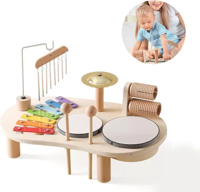 Obrázek produktu pro Sada dětských bubínků 7 v 1, dřevěná, pro malé děti, hudební nástroje