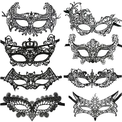 8 Spitzen-Augenmasken, schwarz, venezianisch, für Halloween & Karneval
