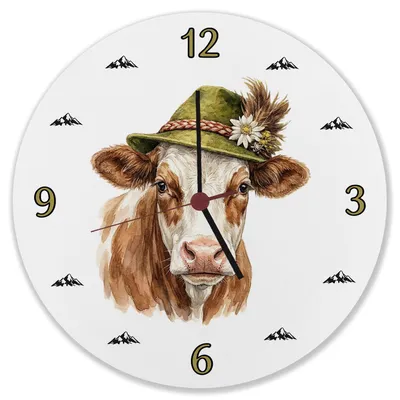 Produktbild von Kuh mit alpenländischem Trachtenhut Wanduhr aus MDF