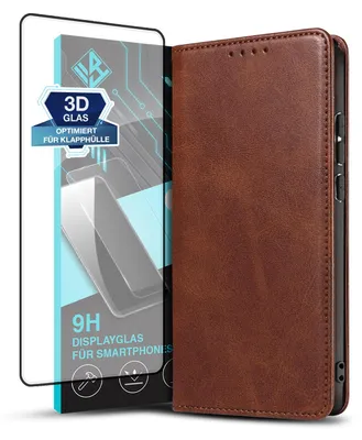 Produktbild von Handyhülle für Xiaomi Redmi Note 13 Pro+ 5G mit 9H Displayglas Kunstleder Flip Cover Hülle Klapphülle Case Kartenfach Farbe: Dunkelbraun