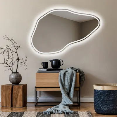 Produktbild von Unregelmäßiger asymmetrischer Spiegel mit LED Beleuchtung 144x94 cm - mit LED Beleuchtung - LED Farbe Kaltweiß 7000K - Individuell Nach Maß - Beleuchtet Wandspiegel Lichtspiegel Badezimmerspiegel POD223