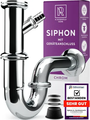 Produktbild von Universal Siphon für Waschbecken und Waschtisch mit Geräteanschluss - Einfache Montage + Höhenverstellbar + Abflussrohr Genormten 1 1/4" + Wandrosette + Gummimanschette Röhrensiphon Geruchsverschluss