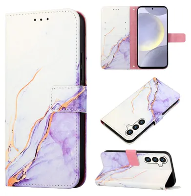 Produktbild von Galaxy S24 Hülle, Marmor Motiv Kunstleder Tasche Kartenfächer mit Standfunktion Schutzhülle für Samsung Galaxy S24 Weiß Lila