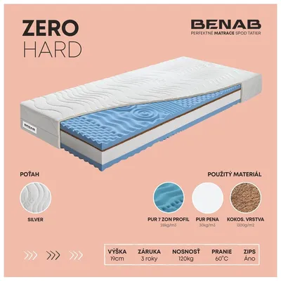 Obrázok produktu pre Penový matrac Benab Zero Hard Matrac 160 x 200 cm H3 / H5 tvrdosť 19 cm výška Penové matrace, Silver, Kokos, PUR, 7 zón, Nopy, Partnerský matrac