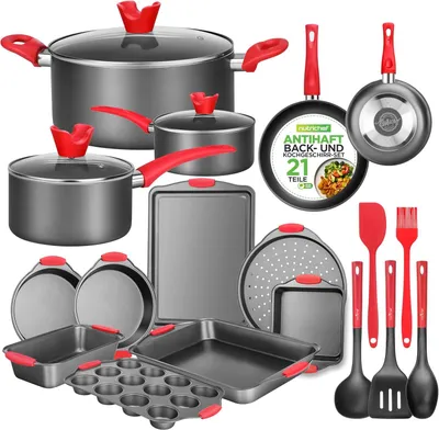 Produktbild von NutriChef 21-Teiliges Backform Set & Kochtopf Set – inkl.: Topfset aus 3 Töpfe, Pfannenset aus 2 Pfannen & Backformen Set mit Kuchenform, Springform