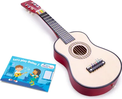 A toy guitar and a booklet titled 'Let's play Guitar!' are displayed on a white background.