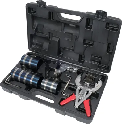 A set of piston ring tools in a black plastic case.