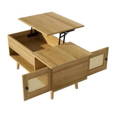 Produktbild von Eleganter Couchtisch mit anhebbarer Tischplatte und Rattan-Türen,Holzfarbe mit schwarzen Akzenten,Praktischer Stauraum und funktionales Design
