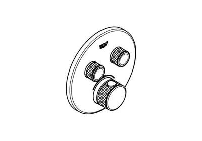 A line drawing of a shower thermostat control panel.