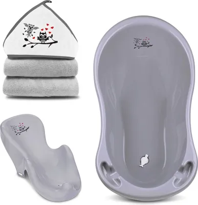 Produktbild von Baby Wanne mit Badesitz und Kapuzenhandtuch . Baby Badewanne mit Abfluss und ergonomischen Sitz. Handtuch 80x80cm