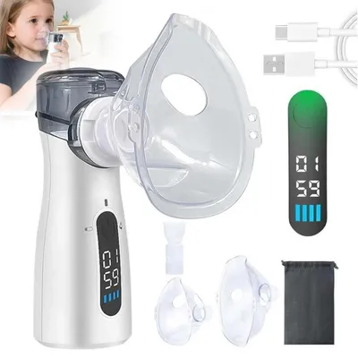 Obrázek produktu pro Přenosný nebulizátor pro dospělé a děti – přenosný, dobíjecí přes USB, s funkcí čištění, 2 masky a náustek – ideální při dýchacích potížích