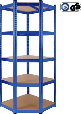 Produktbild von Półka narożna AREBOS Wytrzymała półka 875 kg Półka wtykowa Łatwy montaż za pomocą systemu wtykowego 180 x 70 x 70 cm 5 półek z MDF Niebieski