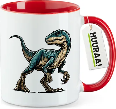 Produktbild von Huuraa Kaffeetasse Velociraptor Dinosaurier 330ml Rot Keramik Kaffeebecher Geschenkidee