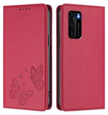 Produktbild von Lederhülle für Huawei P40, Schmetterling Prägung Leder Brieftasche Schutzhülle mit Ständer Rot