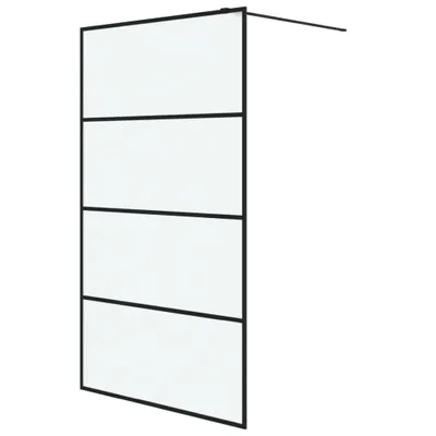 A black framed glass shower wall with four panels, shown from a slightly angled perspective against a white background.