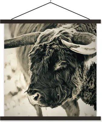 Produktbild von MuchoWow® Textilposter Schottisches Hochlandrind - Schnee - Hörner 40x40 cm mit schwarzem Rahmen - Fotos