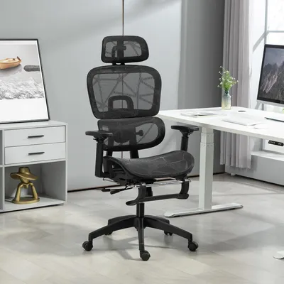 Produktbild von Bürostuhl ergonomisch mit Netzstoff, Schreibtischstuhl verstellbar, mit Armlehnen, Kopfstütze, Schwarz | 135° neigbar | Lendenstütze | Fußstütze