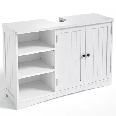 A white bathroom vanity cabinet with open shelves on the left and two doors on the right, designed to fit around a sink.