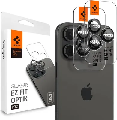 Product packaging and a close-up of the product applied to a phone camera.