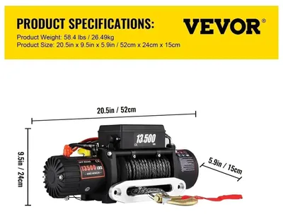 Image de Treuil électrique 12V 13500 lbs - Treuil puissant avec câble synthétique et télécommande, idéal pour voitures et véhicules tout-terrain