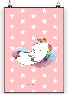 Produktbild von Mr. & Mrs. Panda Bild Einhorn Wolke 7 DIN A4 - Rot Pastell - Geschenk, Einhörner, Glaube, kunstdruck poster, Menschen, Wandbild, Plakat, Unicorn, drucke, wanddeko