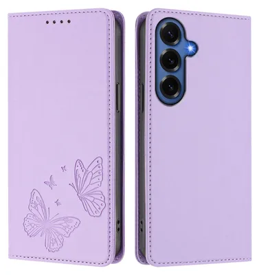 Image de Étui en cuir pour Samsung Galaxy S26+, motif papillon en relief, étui portefeuille à rabat avec support, violet clair