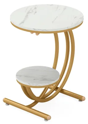 Produktbild von Beistelltisch in Marmoroptik - Runder 2-stöckiger Couchtisch - Mit Ablageboden - Kleiner Nachttisch - Ø 42 cm Höhe 59 cm - Weiß