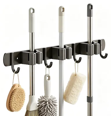 Image de Support mural pour balais, en acier inoxydable, avec 3 supports pour balais et 4 crochets