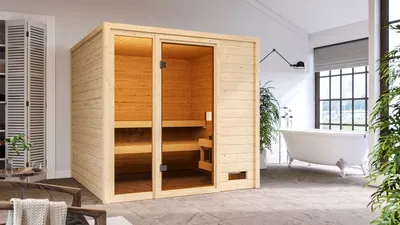 Produktbild von Karibu Sauna Innensauna Jutta Fronteinstieg Ofen 9 KW externe Strg easy 196x195x187 cm ohne Dachkranz