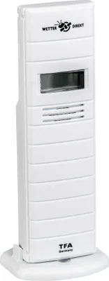 A white weather station sensor on a white stand.