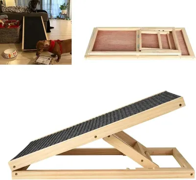 Obrázok produktu pre Rampa pre psov – Nastaviteľná rampa pre psov – 4 nastavenia výšky – Protišmyková podložka – Maximálna nosnosť 150 kg – Drevo – 70 cm – Prírodné drevo