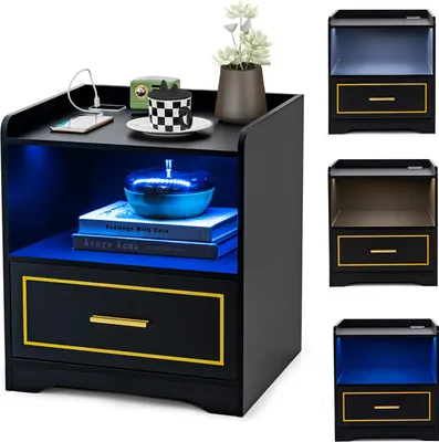 A black nightstand with gold accents and blue LED lighting, displayed with decorative items on top and in the open shelf.