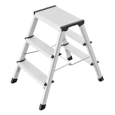 Produktbild von Hailo D60 StandardLine Alu-Klapptritt-Leiter - 2x3 Stufen belastbar bis 150 kg - Trittleiter mit Klappsperre - Füße mit Soft-Grip-Sohle - platzsparend zusammenklappbar - Aluleiter rostfrei - Silber