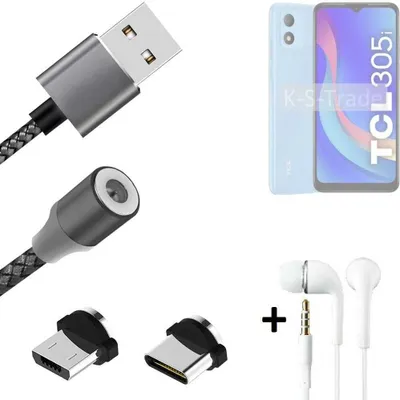 Produktbild von K-S-Trade® Hochwertiges Magnet-Lade-kabel Sync-Kabel Daten-Kabel + Kopfhörer für TCL 305i mit USB-Typ-C-Anschluss und Micro-USB-Anschluss 2A bis zu