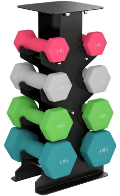 Image de Ensemble d'haltères - 8 haltères fixes - 2 × 1 kg, 2 × 2 kg, 2 × 3 kg, 2 × 4 kg - Avec support - Pour hommes - Multicolore