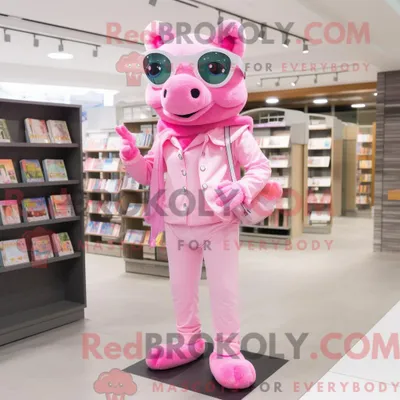 Produktbild von Maskottchen REDBROKOLY eines rosa Frosches mit Caprihose und Lesebrille