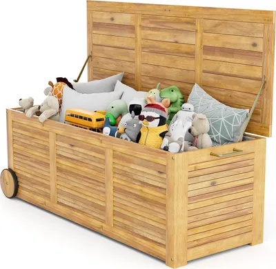 Produktbild von GOPLUS Gartenbox, 182L Aufbewahrungsbox aus Massivholz, Kissenbox mit Rollen, Griff & wasserdichtem Tasche aus PE, Auflagenbox 127x50x45 cm, Natur
