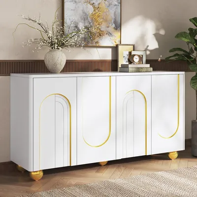 Produktbild von Merax Sideboard mit 4 Türen und Gold-Bogenlinien-Nachbildung, Kommode mit kugelförmigen Metallfüßen, Wohnzimmerschrank aus MDF mit Einlegeböden, Weiß