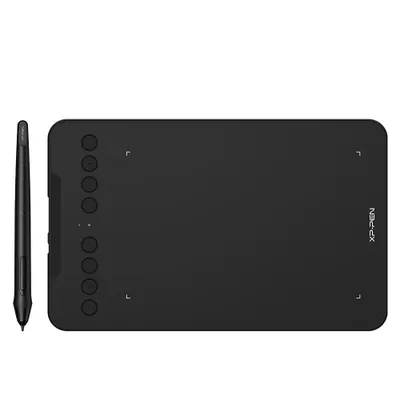 A black graphic tablet and stylus are shown against a white background.