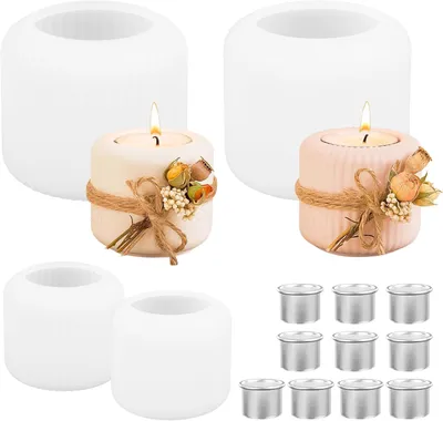 Produktbild von 4-teiliges Set aus Gussformen für Kerzenhalter mit 10 Metallkerzenhaltern und Silikonformen für Spitzkerzen und Teelichter.