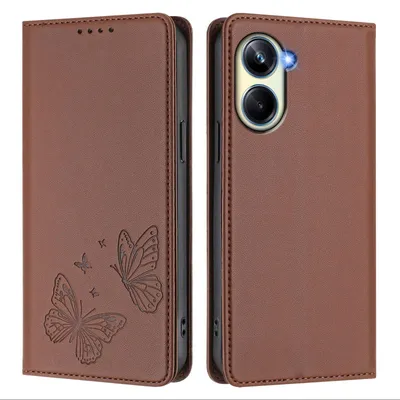 Produktbild von Lederhülle für Realme 10 Pro 5G, Schmetterling Prägung Leder Brieftasche Schutzhülle mit Ständer Braun