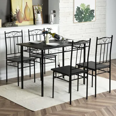 Productafbeelding van Keuken tafelset met 4 stoelen, zwart met marmerlook, metalen poten, eettafel van 109 cm