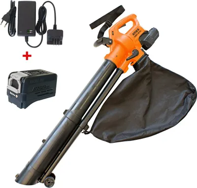 A leaf blower, battery, and charger are displayed against a white background.