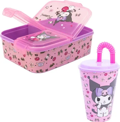 Produktbild von Kuromi Sanrio 2 tlg. Lunch Set Brotdose mit 3 Kammern Halm Trinkbecher 430 ml